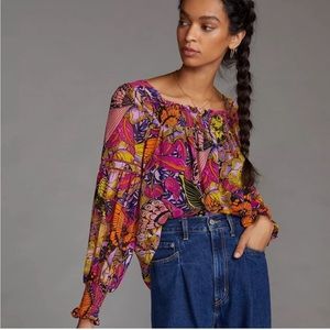 Alexandra Farmer for Anthropologie Butterfly Print Puff Sleeve Blouse